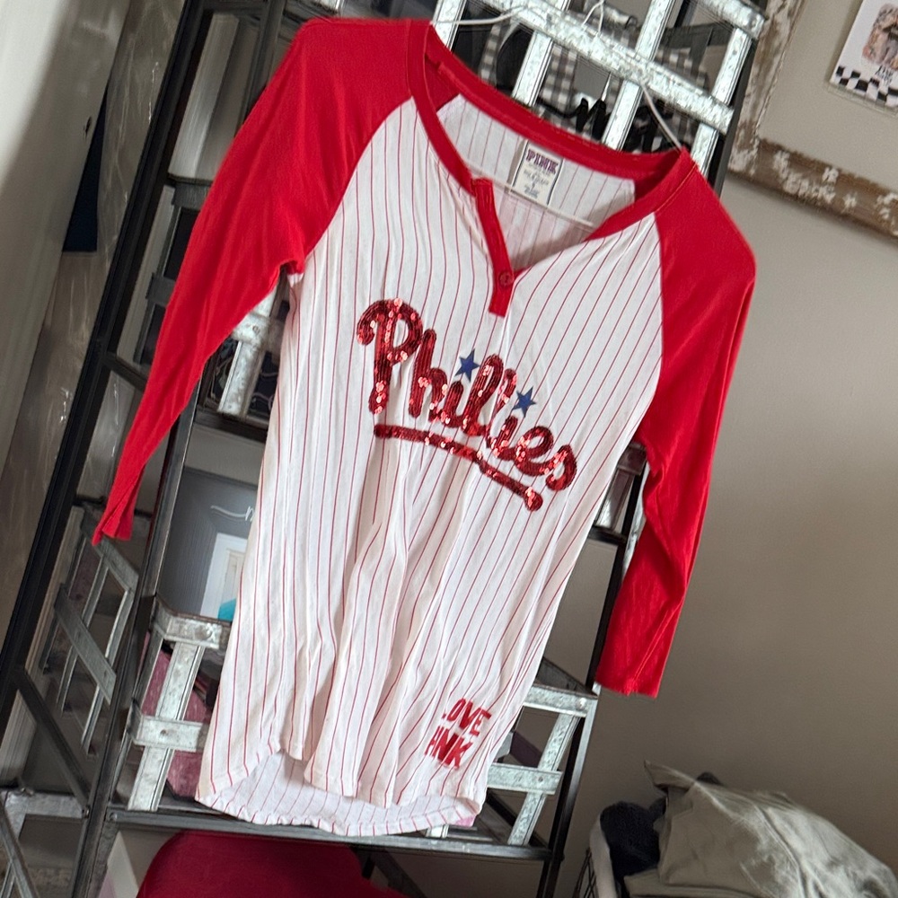 PINK Victoria's Secret Red and White Phillies Raglan Top